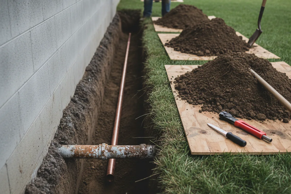 Excavated water line trench during Water Softener Installation in Sadieville